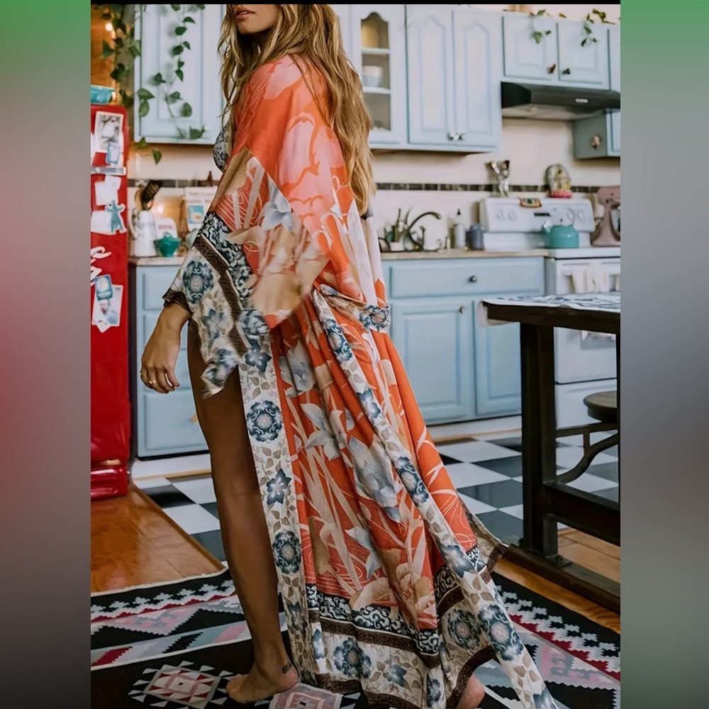 Bohemian style Kimono , summer beach cover-up, Floral print with waist belt/tie